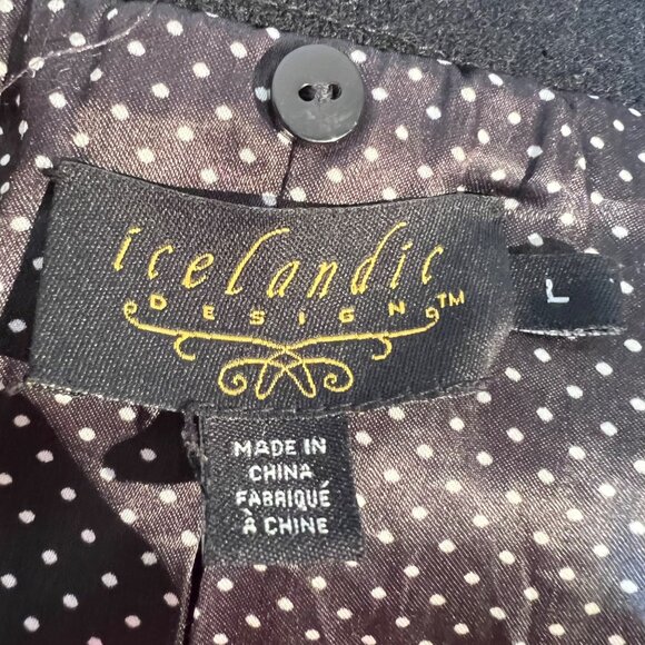 Icelandic Design Embroidered Wool Coat Jacket Faux Fur Trim Size L Black Lined - Picture 10 of 10